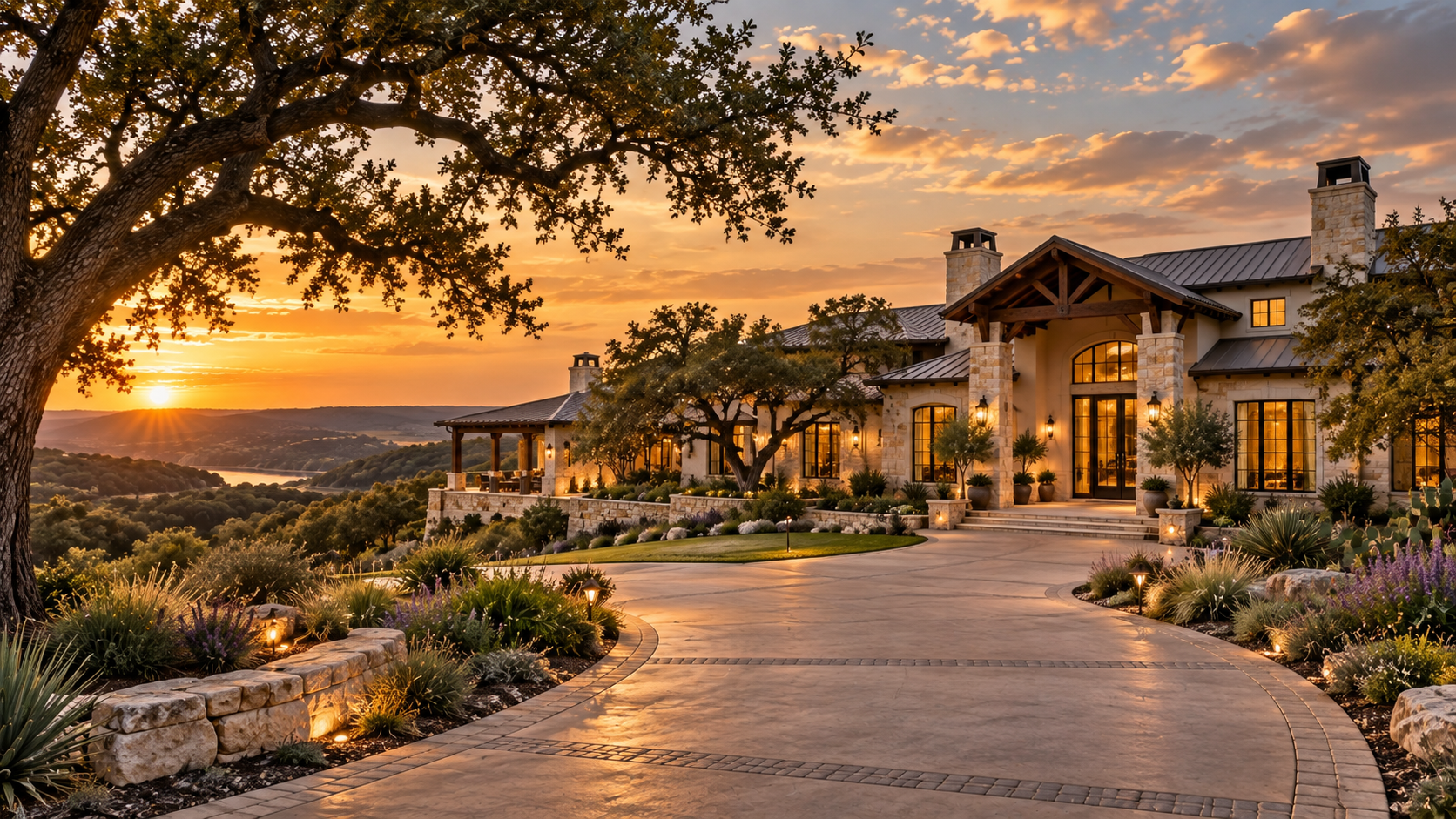 Luxury Texas Hill Country estate at golden hour