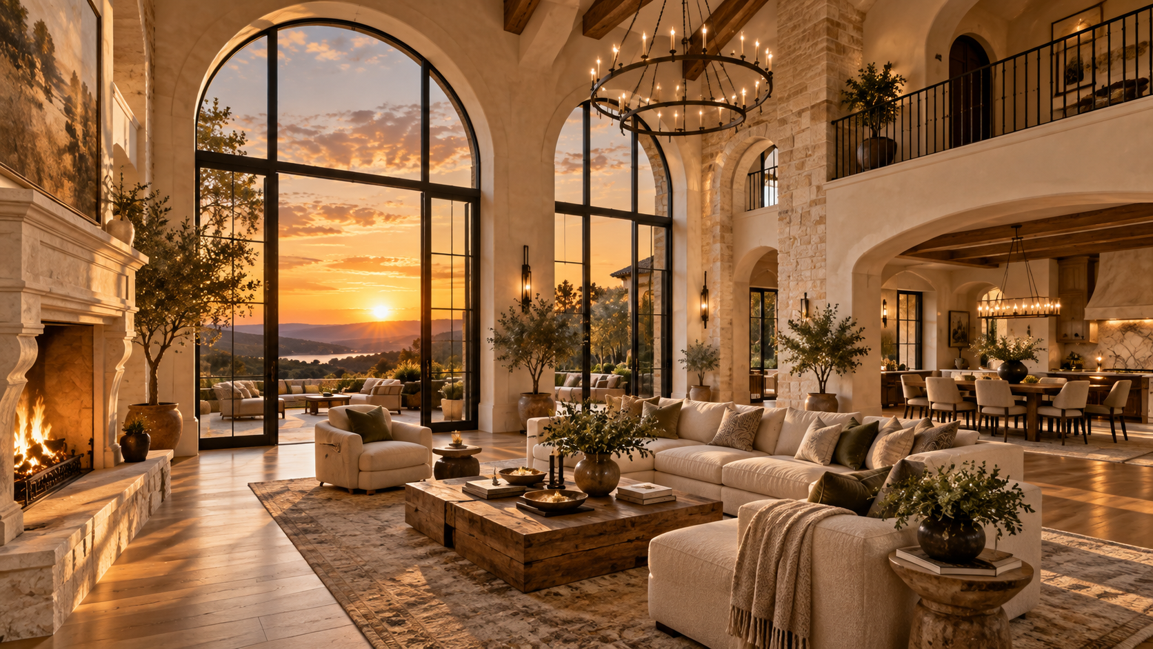 Luxury interior living space at sunset