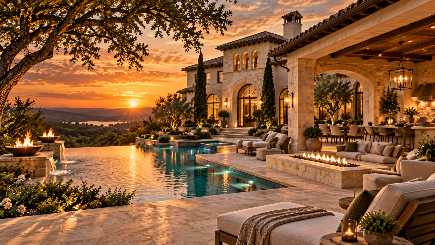 Luxury pool and outdoor living at sunset